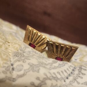 Vintage Gold Tone Cuff Links with Red Accent